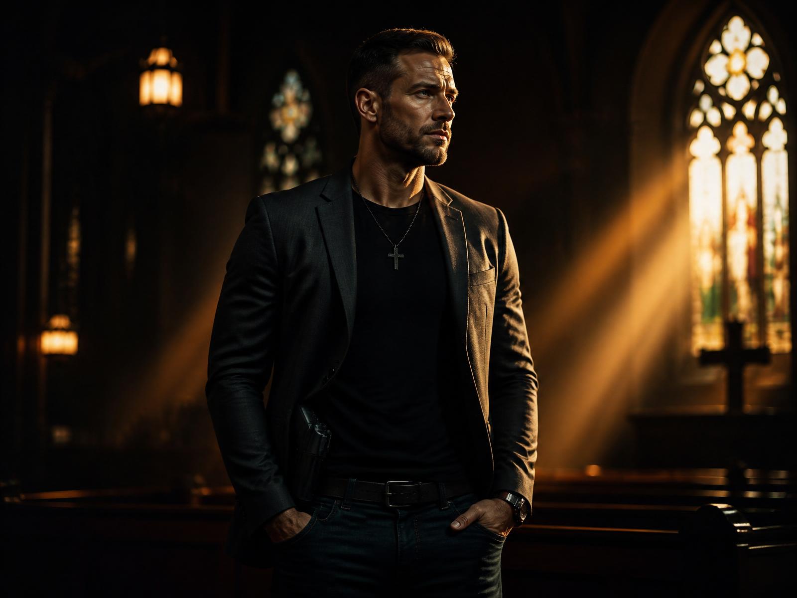Pastor in stylish charcoal blazer standing in a sunlit church sanctuary