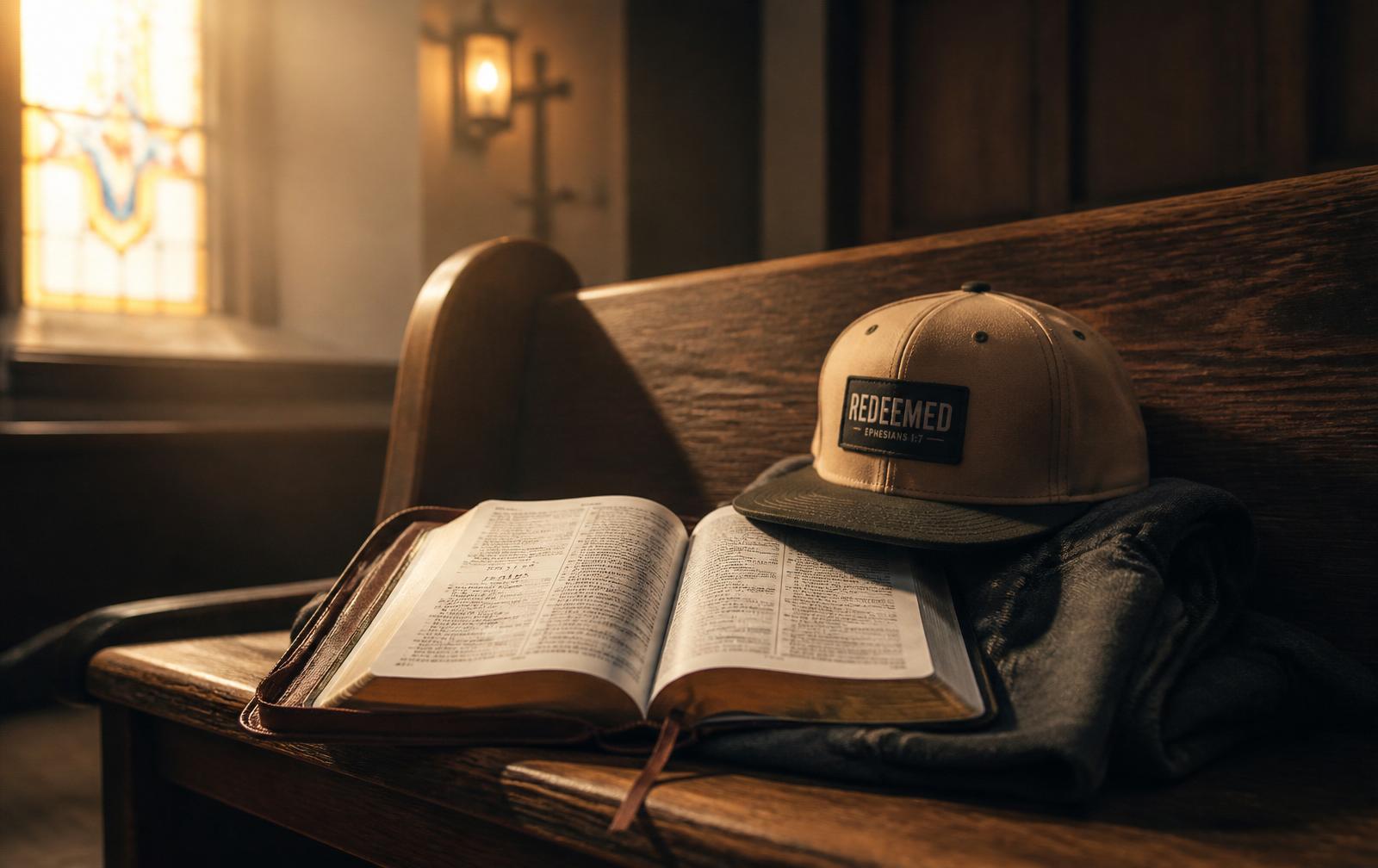 Open Bible next to a PASTr cap on a wooden pew