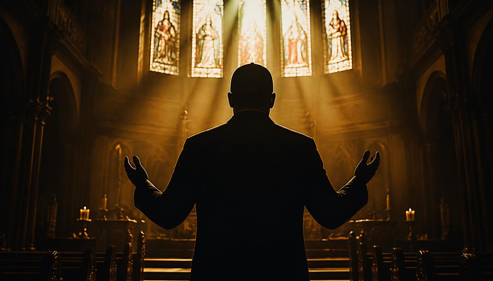 Silhouette of a pastor with arms raised at the altar
